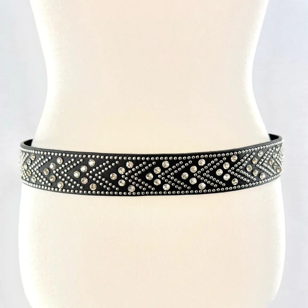 Shyanne Genuine Leather Black Rhinestone and Silver-Tone Studded Belt NWOT